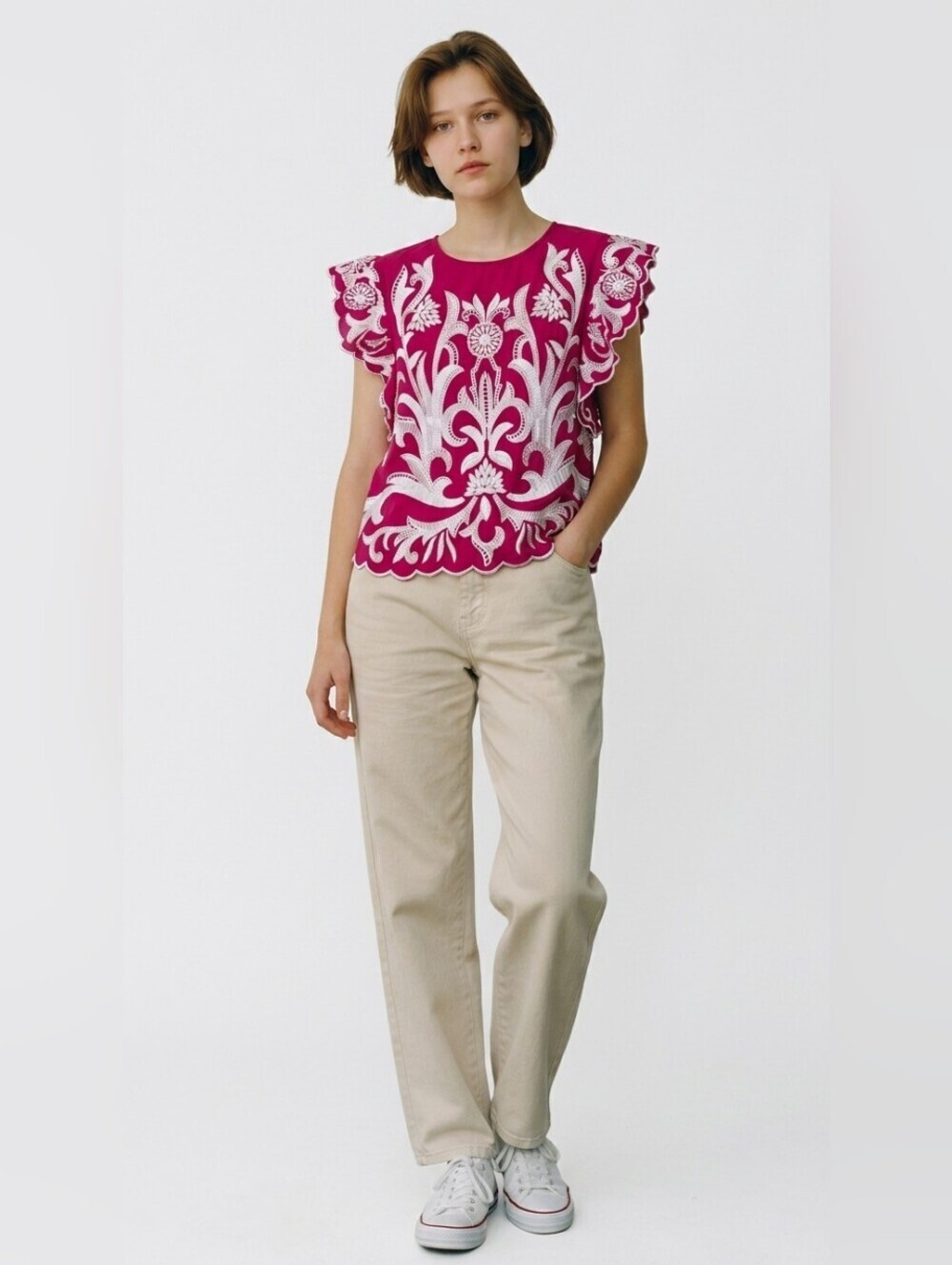 Express Magenta Top with White Embroidered Floral Detail
